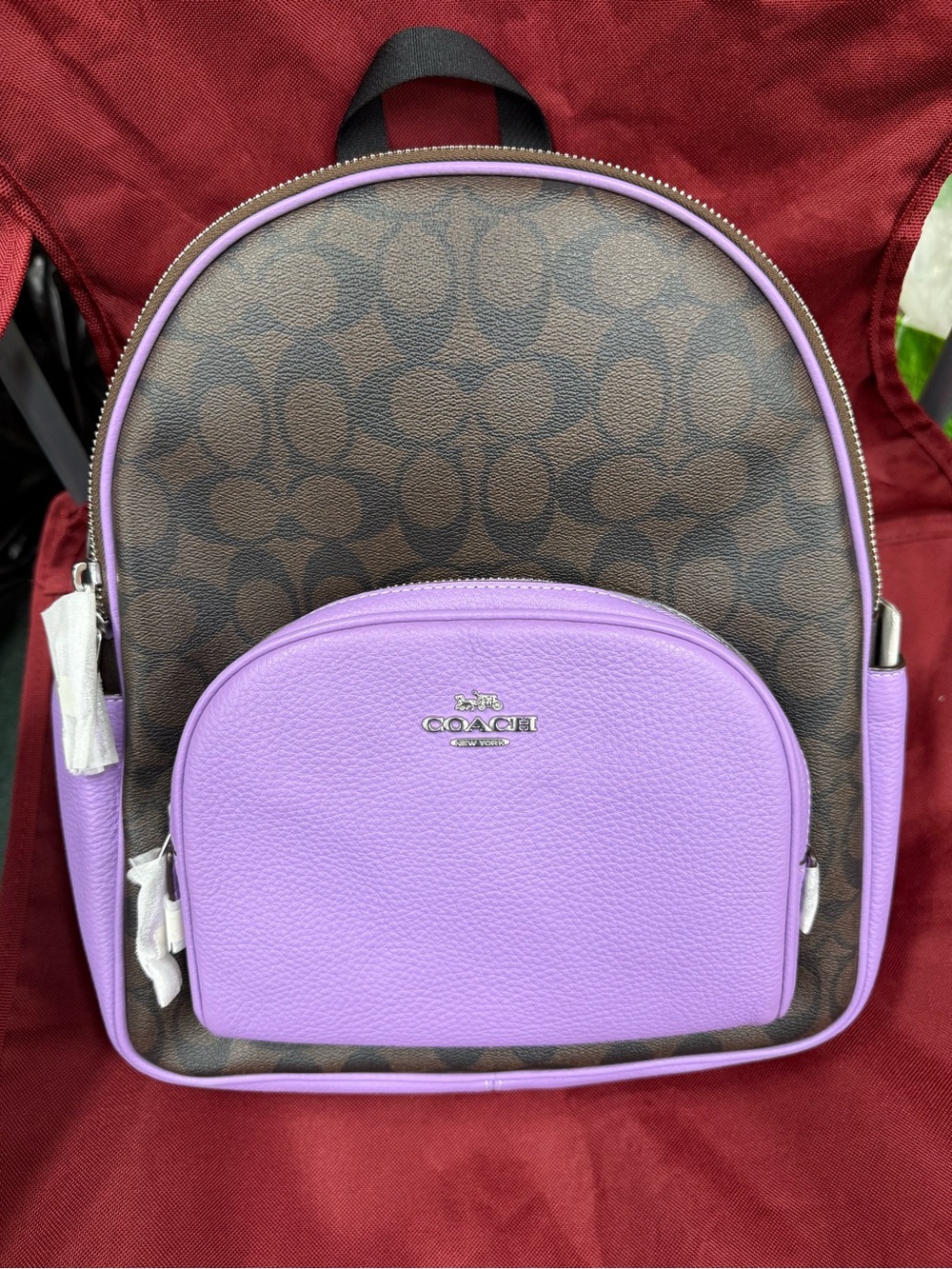 Coach Brown Signature Canvas Backpack with Lilac Trim